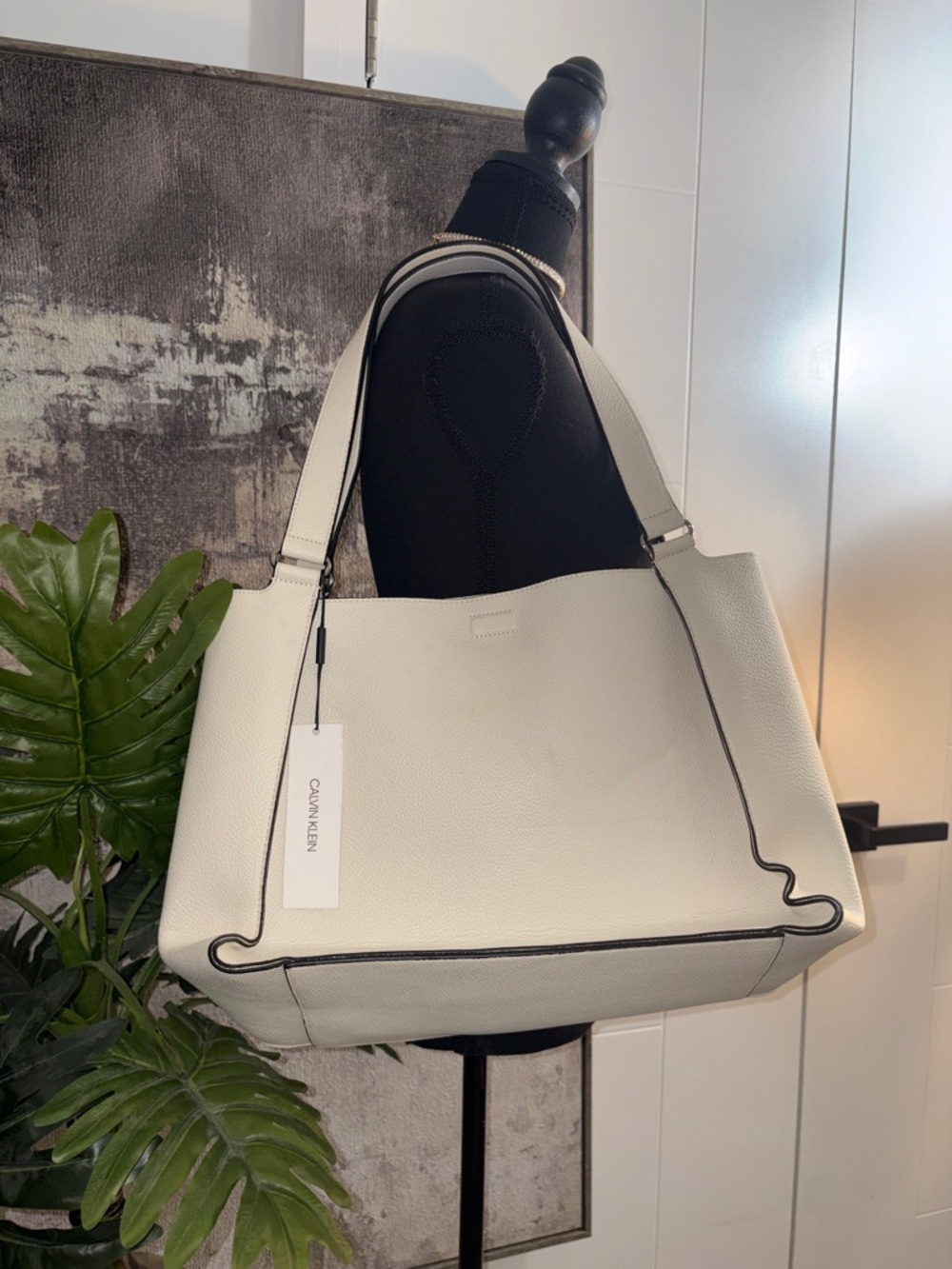 Calvin Klein Cream Pebbled Faux Leather Tote with Black Trim